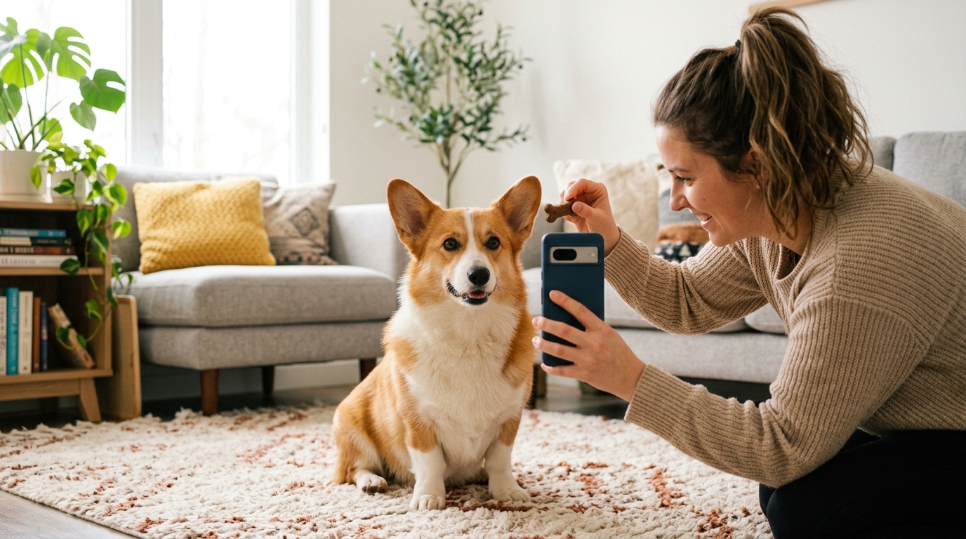 Taking an eye-level dog photo with treat trick